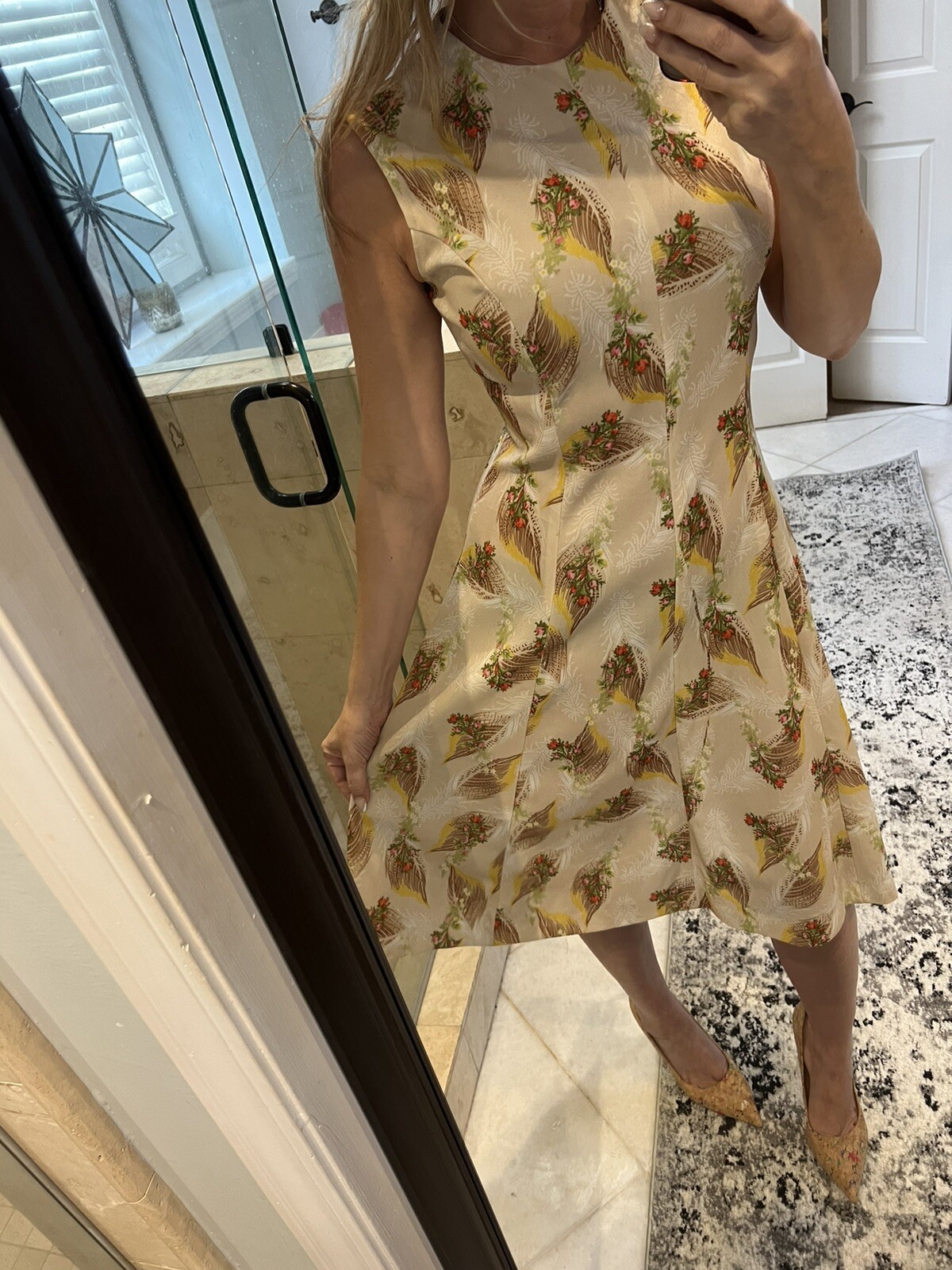 Vintage 70s Sears Tan Pink Floral Print Wheat Brown Midi Dress S M