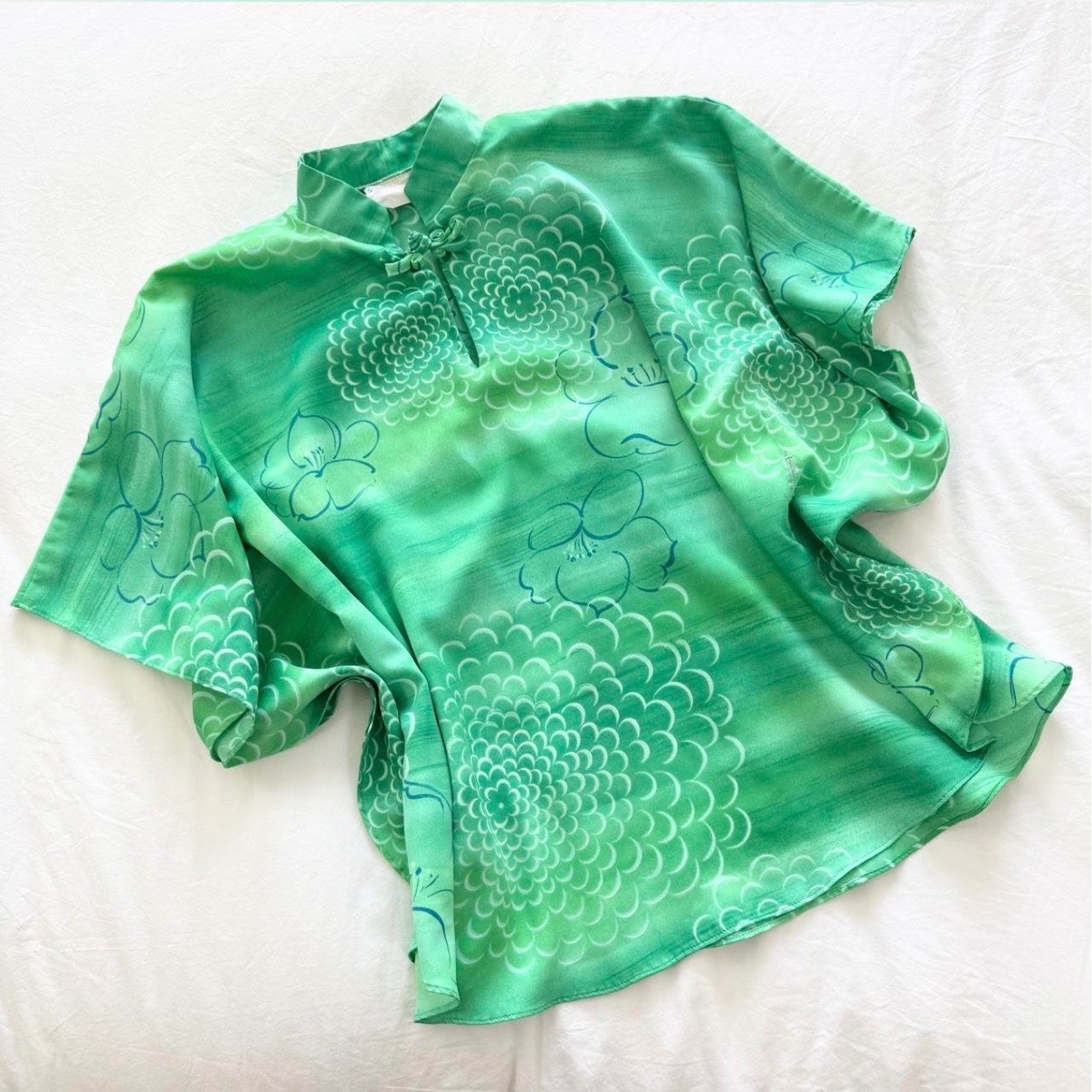 Vintage Hawaiian Palm Green Floral Kimono Sleeve Dolman Blouse S/M