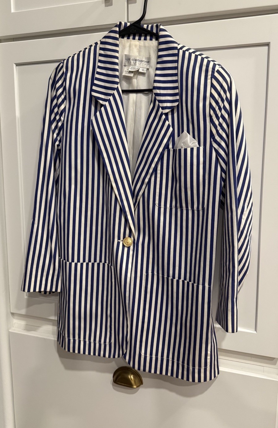 Vintage Liz Claiborne Collection Striped Blue White Blazer w/ Gold Buttons