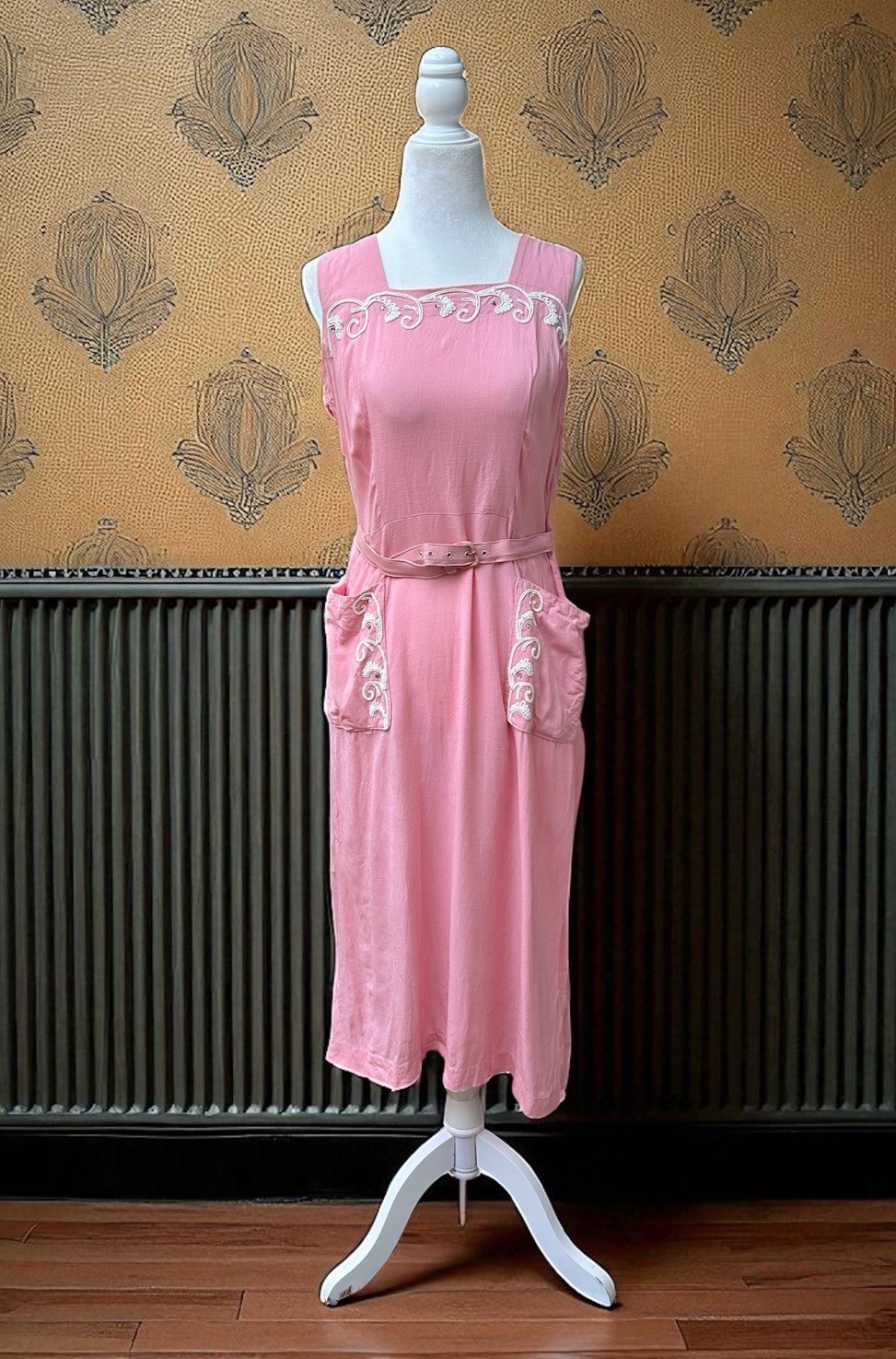Vtg 1940s Pink Pinafore Dress Rayon Linen Novelty Soutache Pockets Metal Zip 32W
