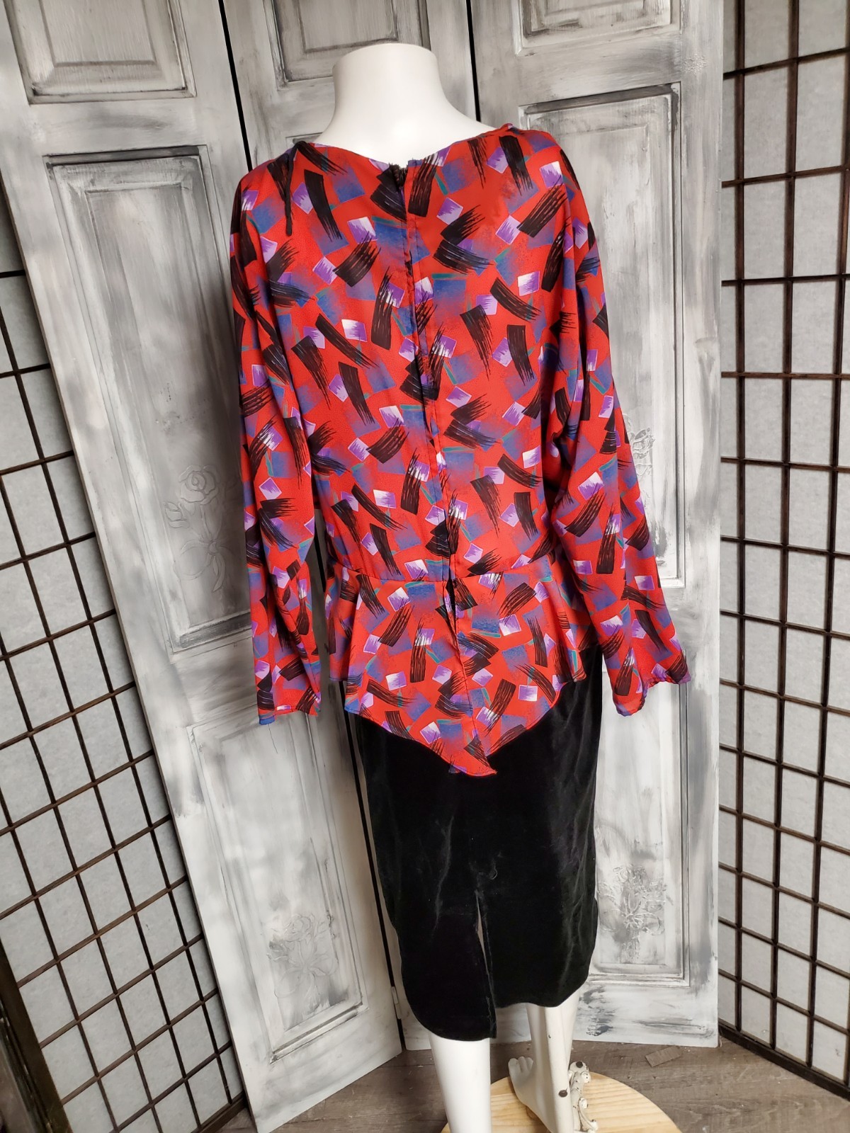 M-L Vtg M.C.S Ltd NY Dress PEPLUM 80s W/faux Suede Skirt semi sheer chiffon top