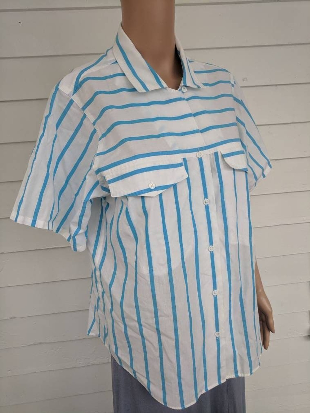 80s White Striped Summer Blouse Cotton Blend Casual Short Sleeve Button Down M