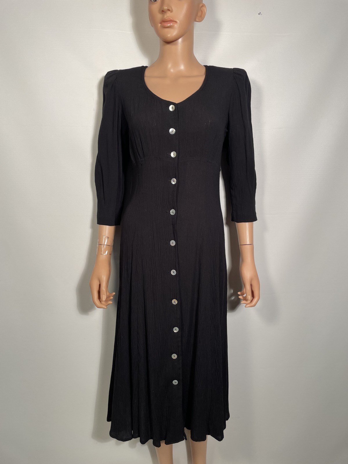 Vintage 1990s Button Front Black Midi Dress Made In USA Size M