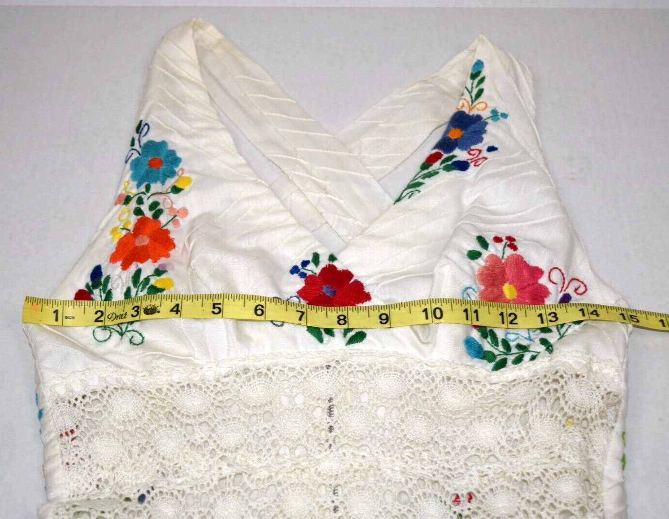 Vintage Dress Size S/M 70s White Crochet Colorful Floral Embroidery Empire Waist