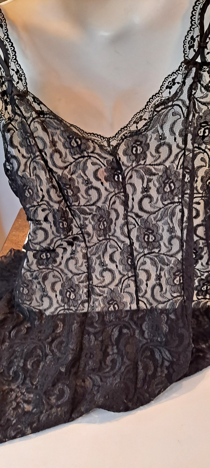 Vtg Y2K Whimsy Goth Romantic Sexy Blk Lacey Midi Enchanted Nylon Dress Nightie