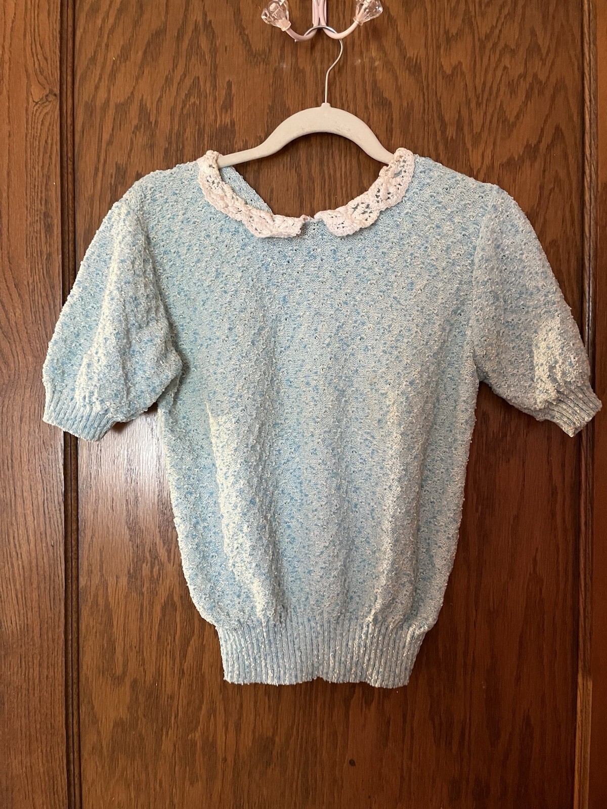 80s Does 50s Vintage Aquamarine Knit Cap Sleeve Sweater With Lace Collar Size M