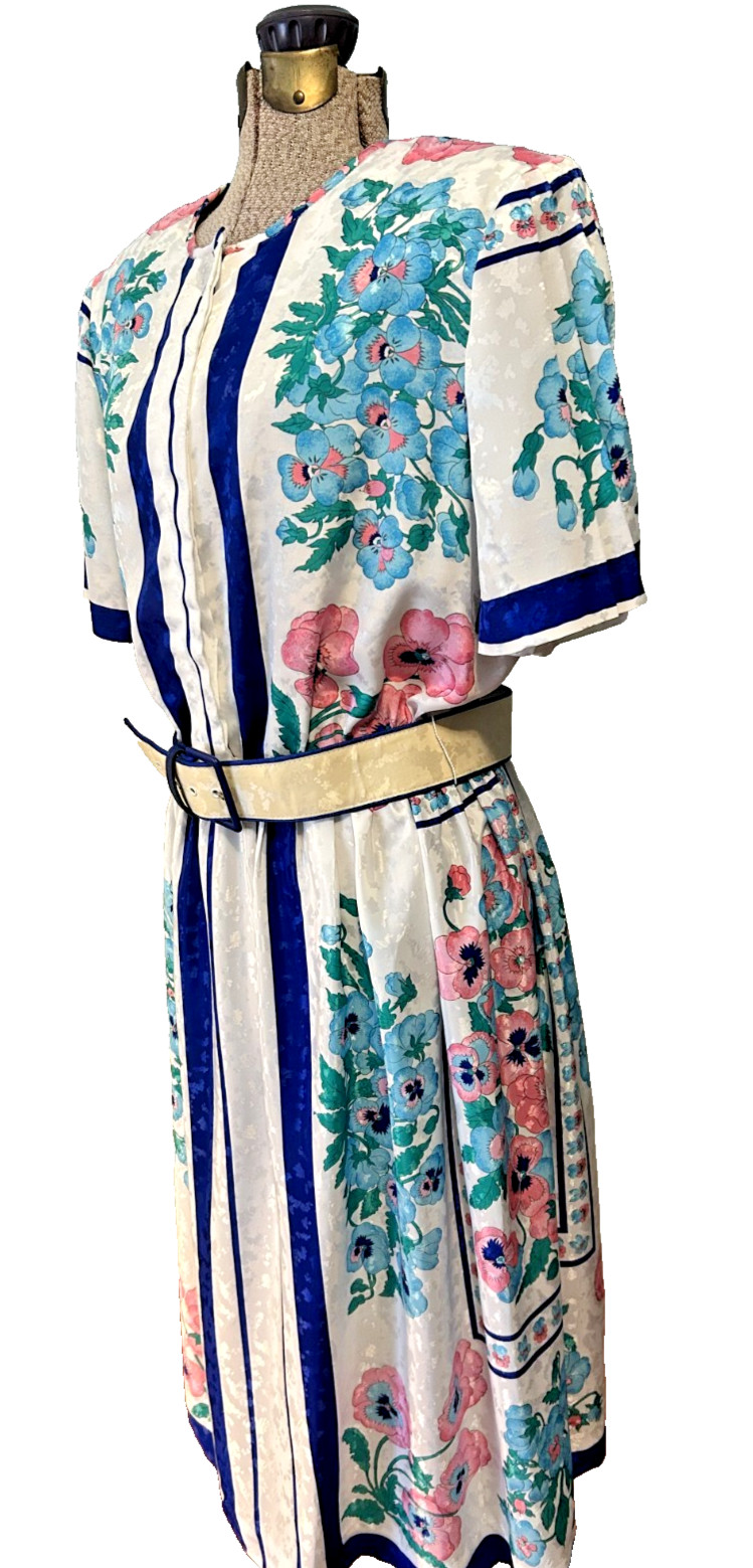 Silky Garden Pansy Print Calif Designs Dorothy Samuel 1980s does 40s Dress M