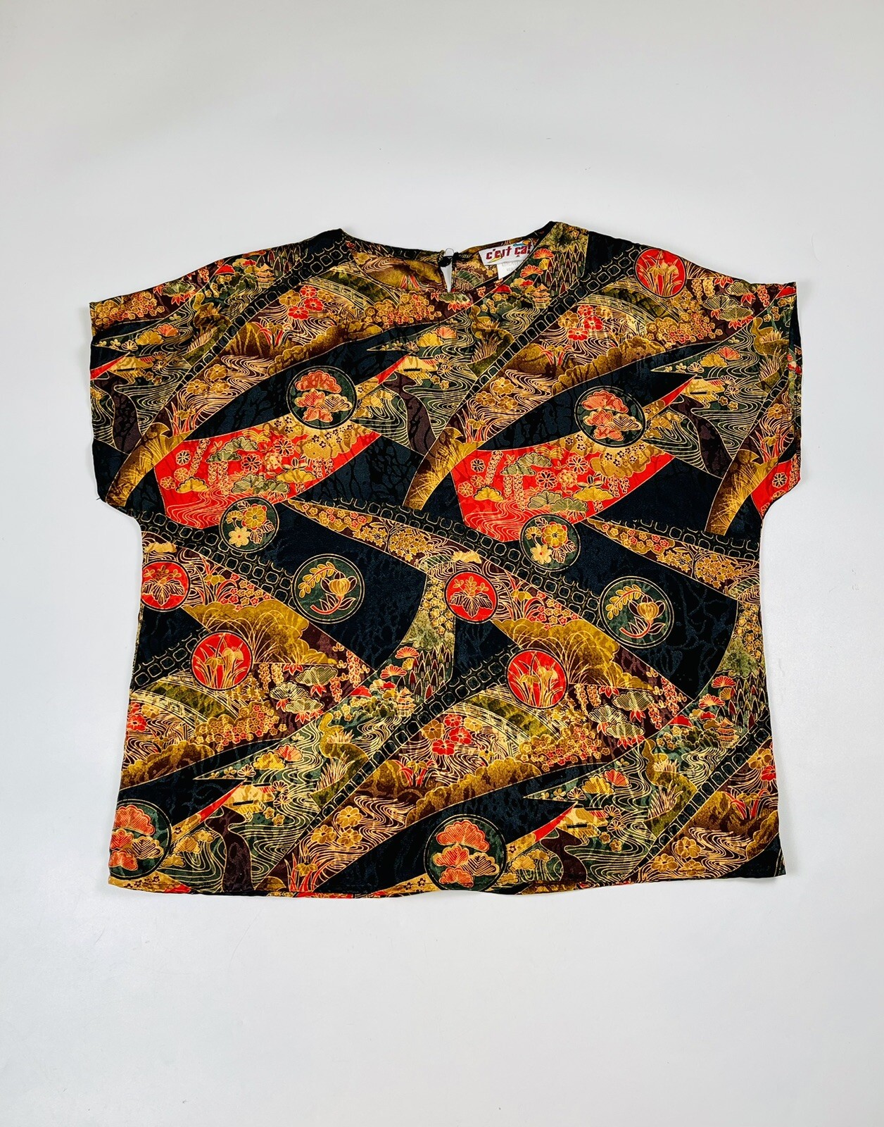 Vintage Ce’st Ca! Satin Blouse Asian inspired Print Boxy Sz Med USA Made