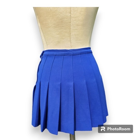 Vintage Pleated Mini Skirt Cheer Skirt Blue Side Button and Zipper Closure Retro
