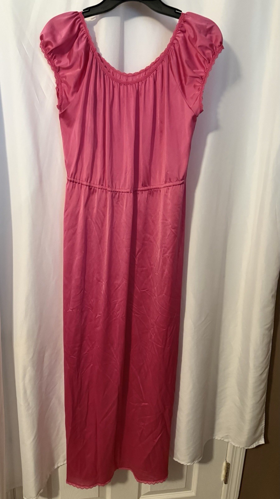 Vintage Shadowline Women’s Long Pink Nylon Nightgown Size S Short Cap Sleeve