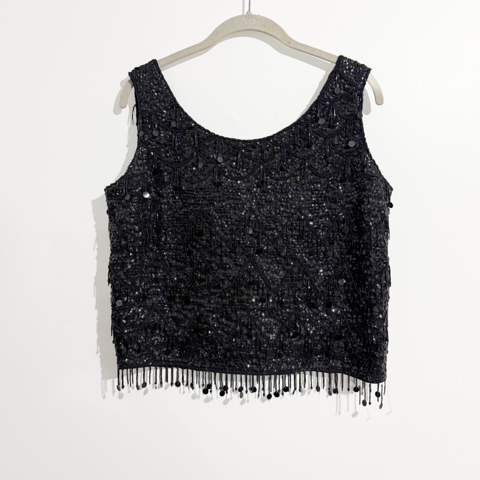 Vintage Black Sequin Beaded Top / Art Deco Inspired Fringe Sleeveless Party Top