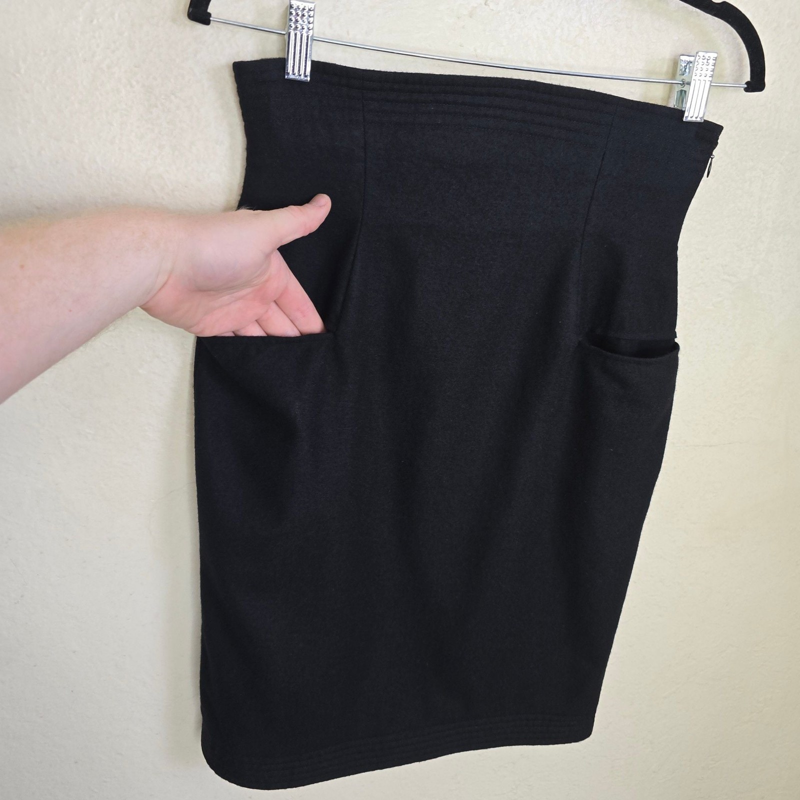 Vintage 1980s Bernard Perris Paris Black Wool Corset Pencil Skirt S
