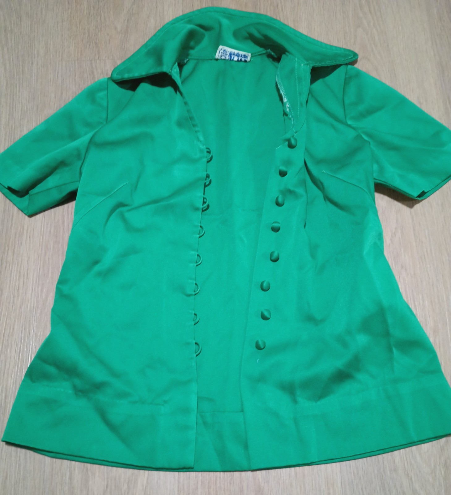 Vtg 60s LIZ Kelly Green Fitted Blouse Button Down Top MOD Career Business S