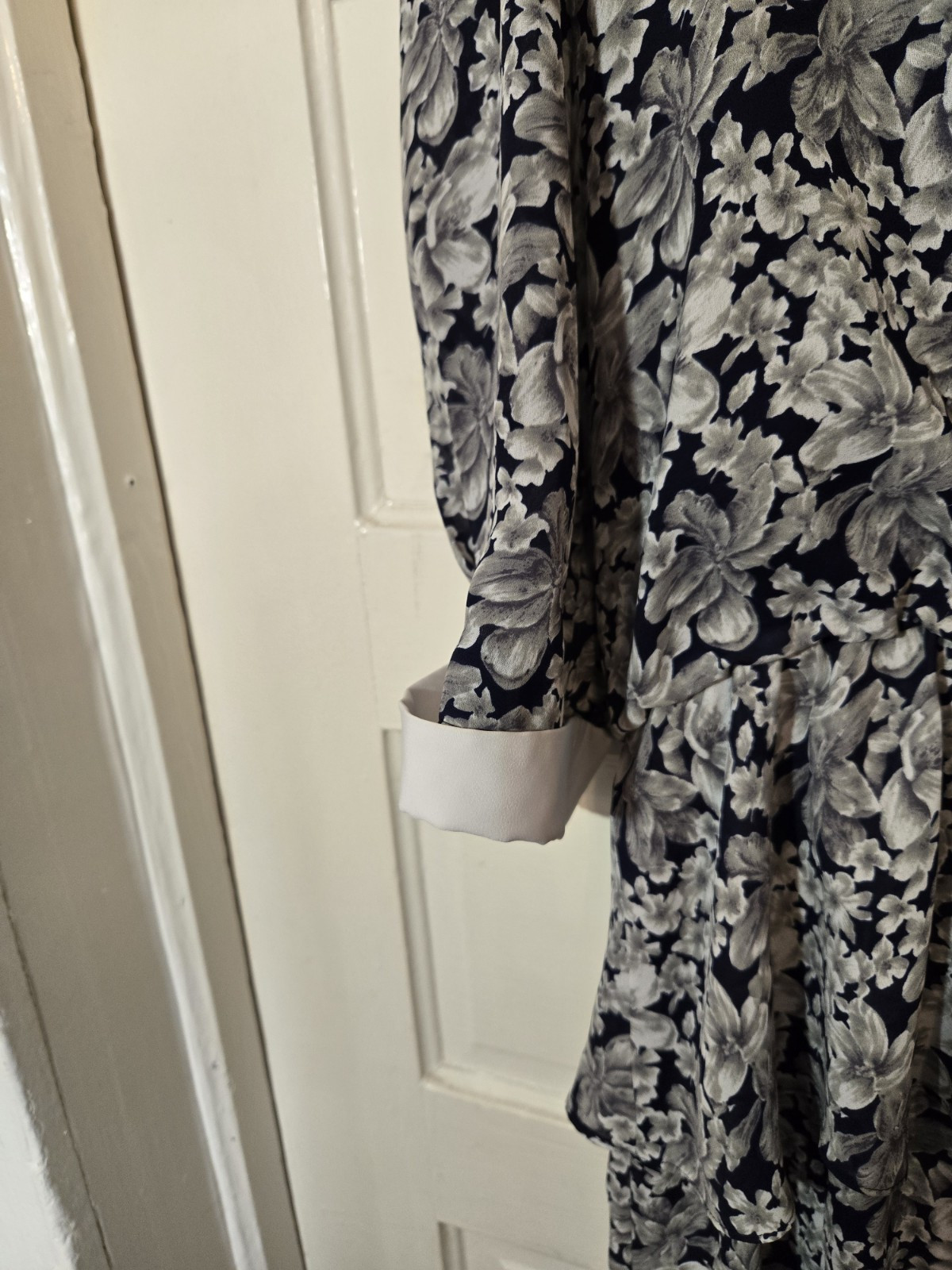 Vtg 90s Liz Robert’s Dress 18WP White Black Floral Boat Collar 3/4 Cuff Sleeves