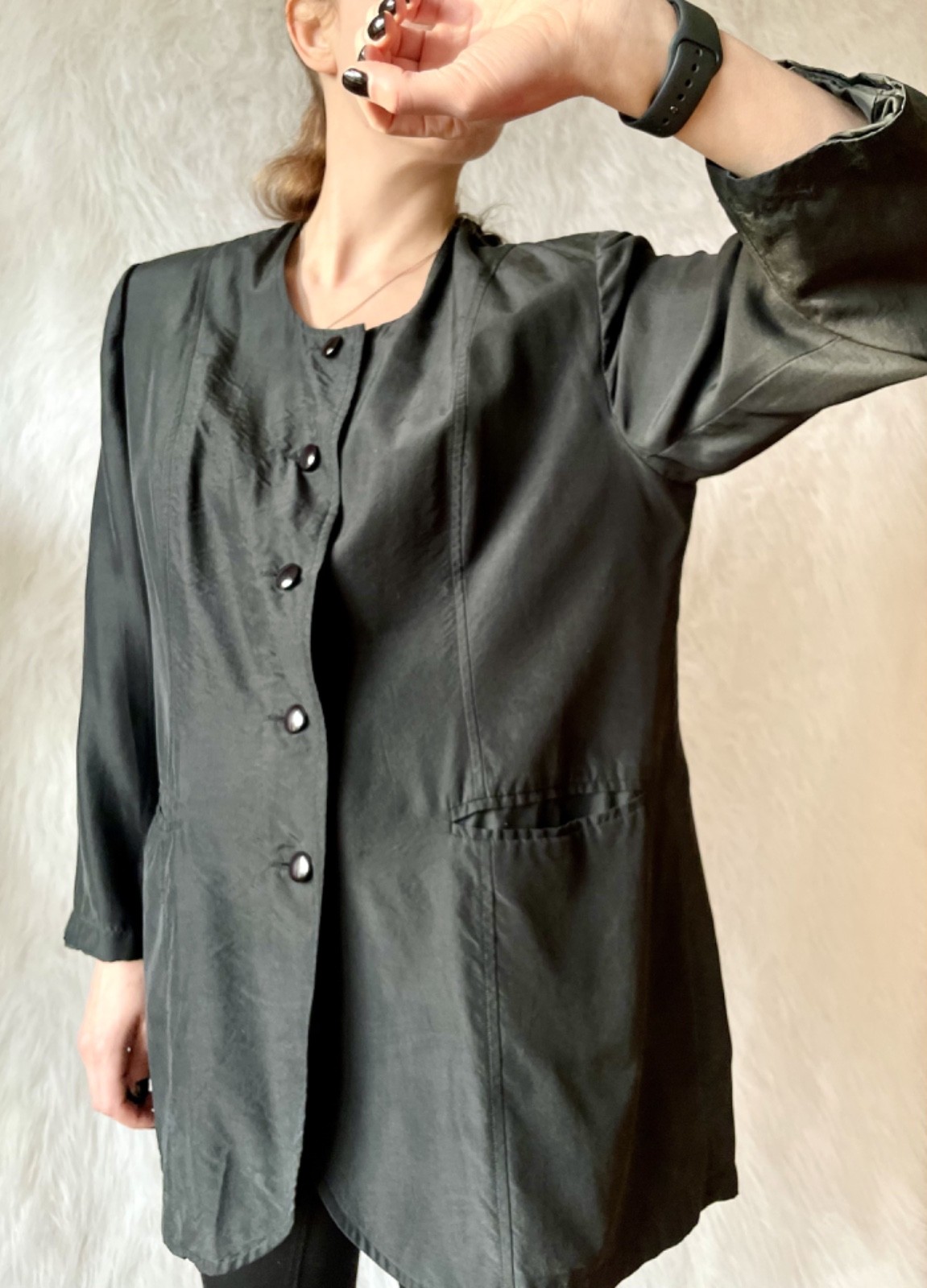 Vtg 80s Jacket 100% Silk Black Jacket Bold Shoulders European Fashion Minimalism