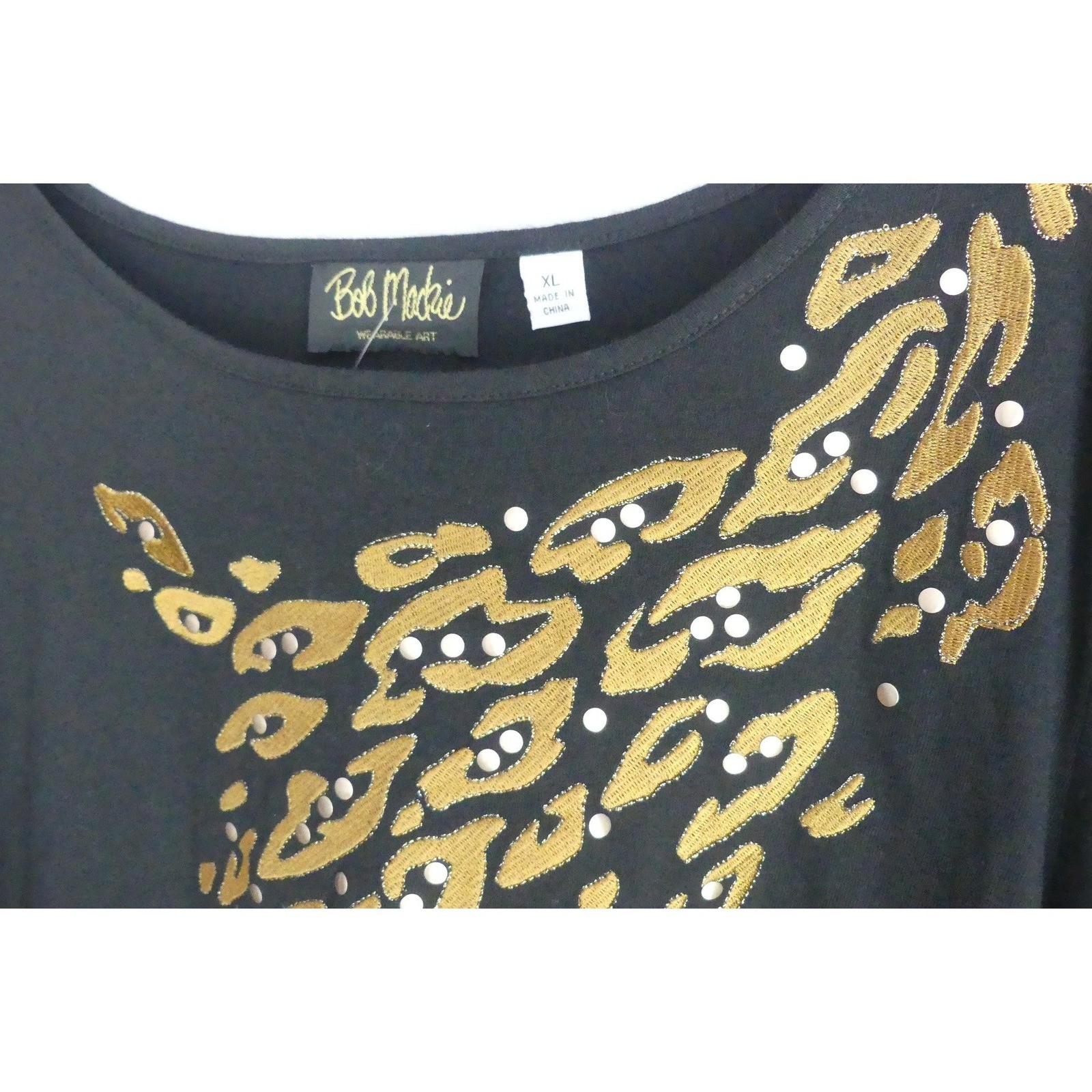 Bob Mackie Wearable Art Black Gold Leopard Embroidered Studded Top XL Cotton NWT