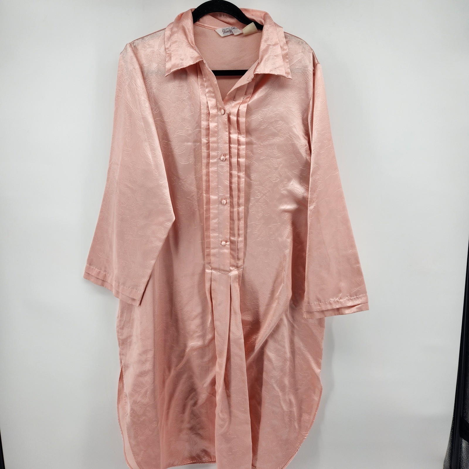 Vintage Vanity Fair Nightshirt Peach Pink Satin Floral Jacquard Button Front M