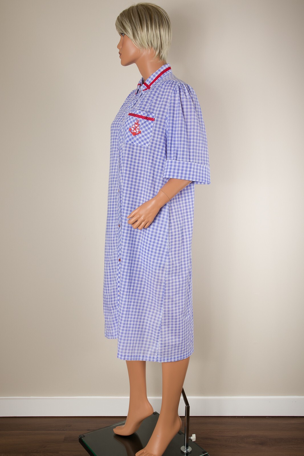 💖 SMART TIME Size M Blue Gingham Robe Housecoat MuMu Snap Pockets Red Trim