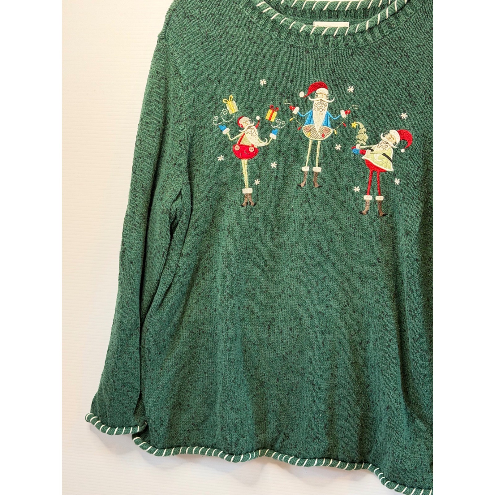 VTG CJ Banks Sweater Green Santa Hand Embroidery Holiday Ugly Christmas Women 2X