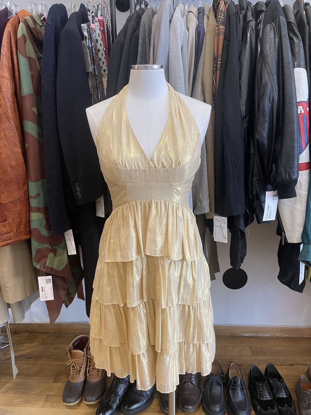 Vintage Y2K Betsey Johnson Gold Metallic Ruffle Halter Dress—XS