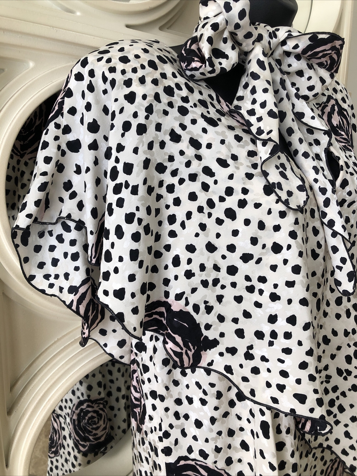 Holly Harp vintage 80s tiered floral & polk dot dress with pussy bow neck sash S