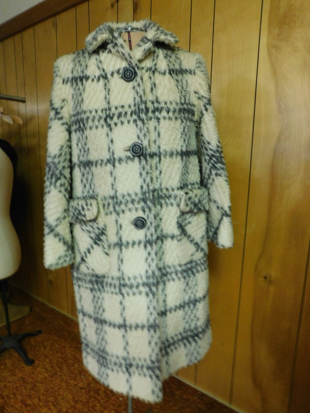 Vintage Mar Del By Rice Cream Gray Plaid Coat 43″ Bust