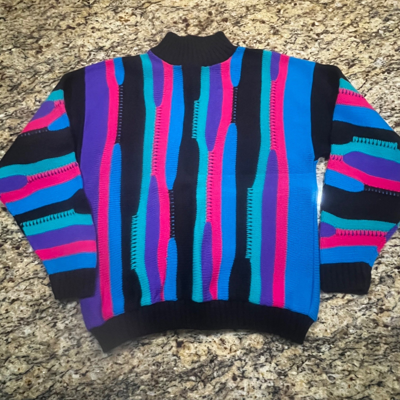 Vintage Knitwaves 80s 3D Textured Knit Sweater Neon Abstract Mock Neck M