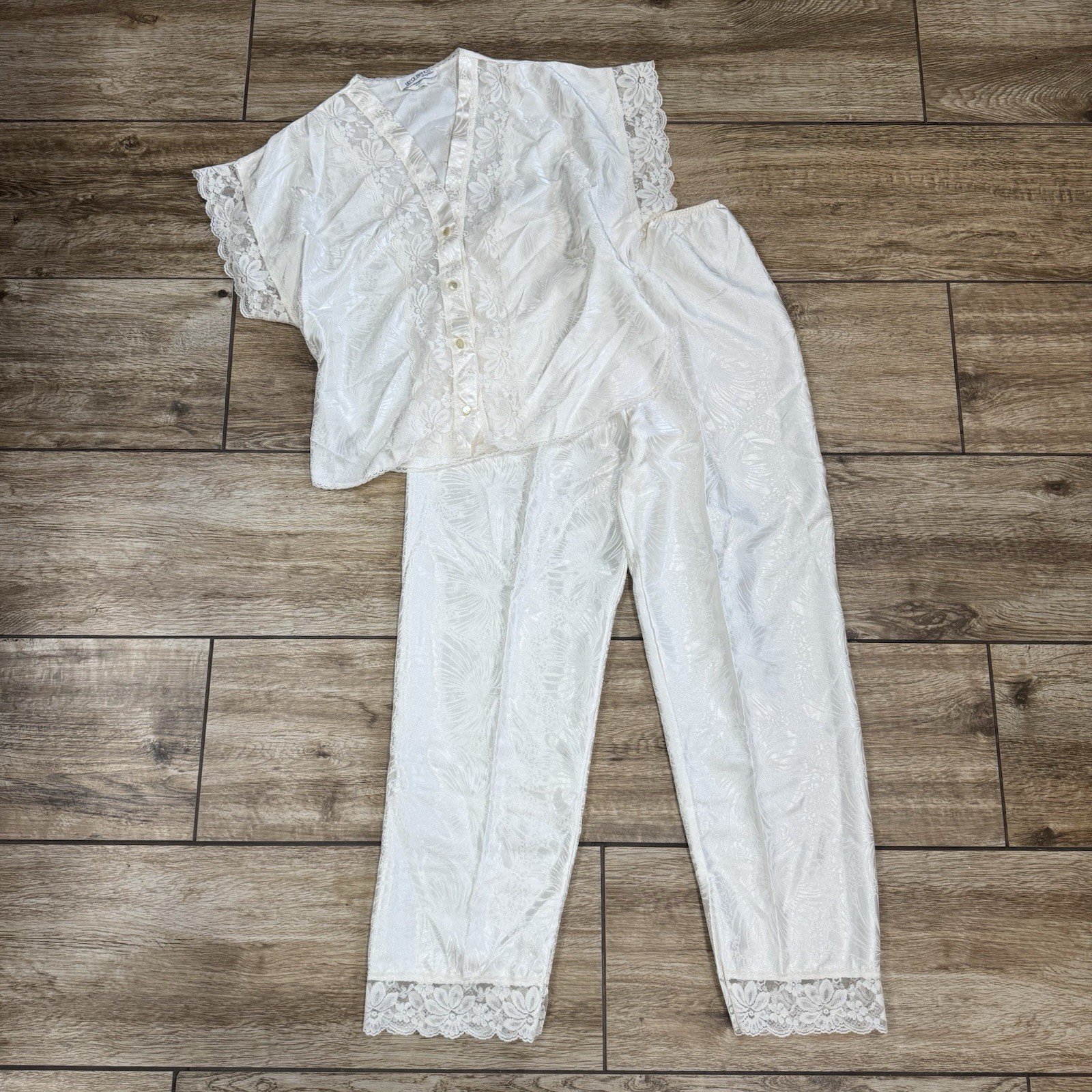Vintage Lily Of France Sleepwear cream Silk Lace Pajama Top Pants Set