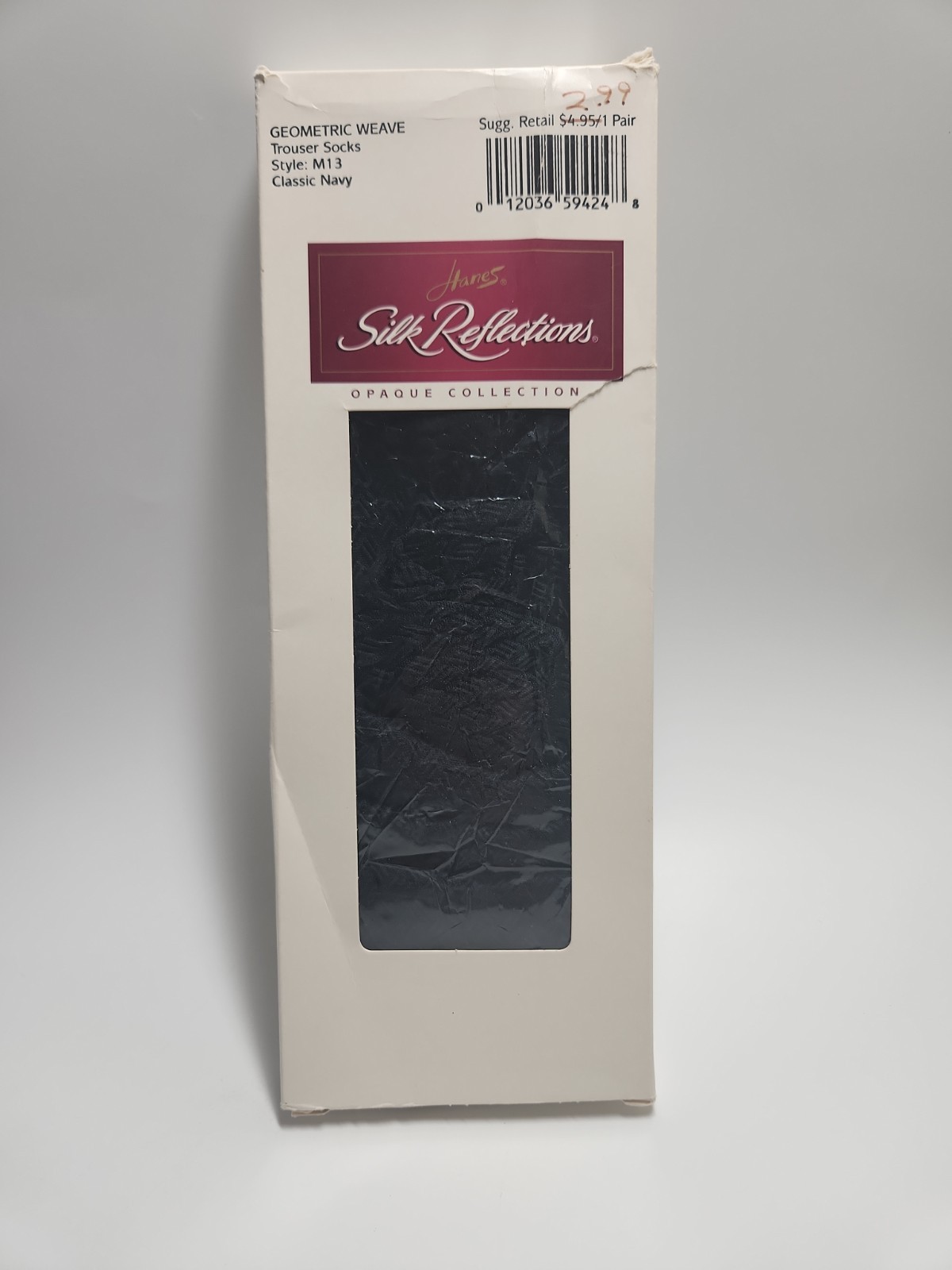 Hanes Silk Reflections Trouser Socks Navy Opaque Geometric Weave 1 Size Made USA