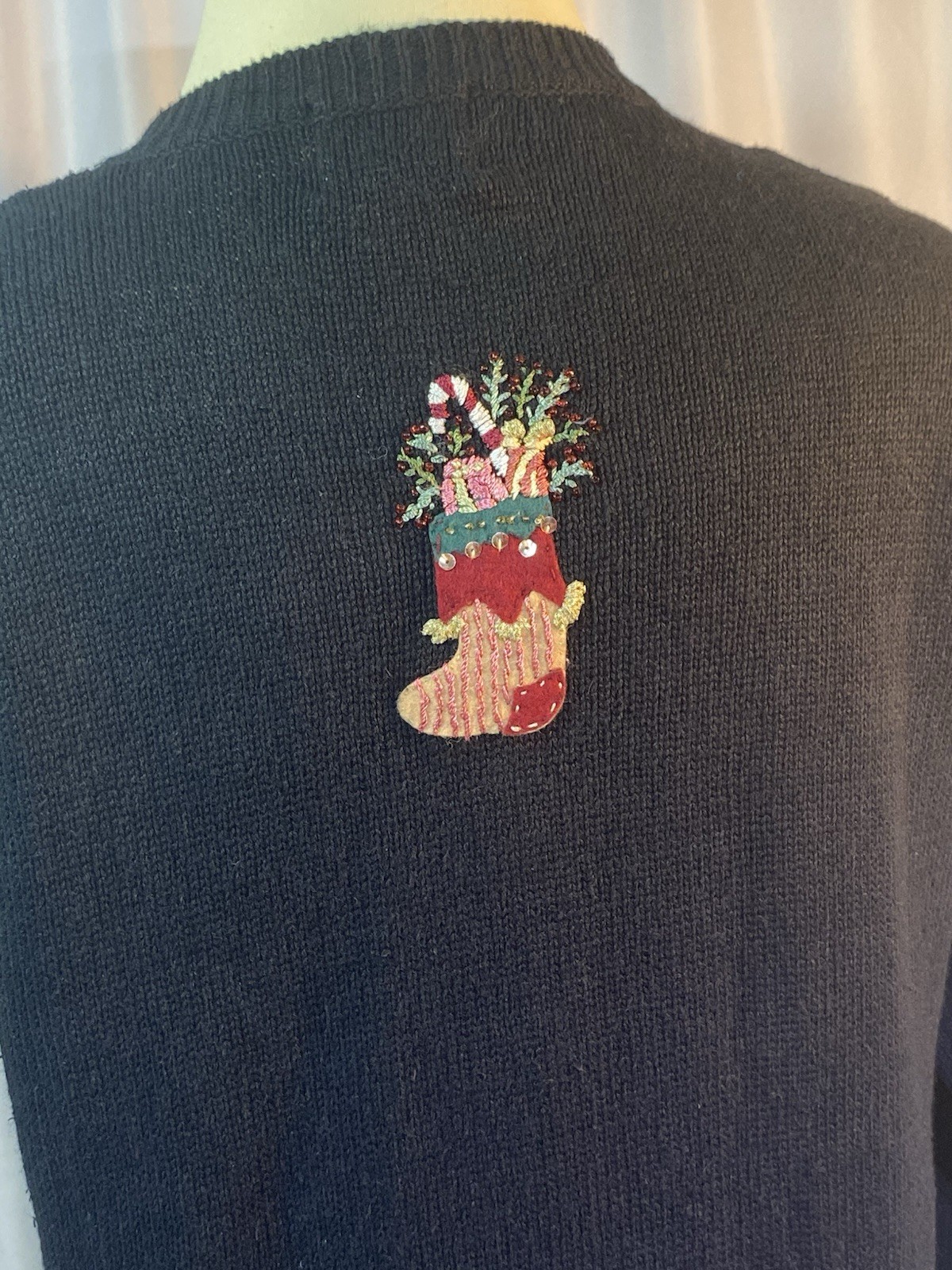 STITCHES IN TIME Christmas Stockings Cardigan Large Sweater Vintage L Black