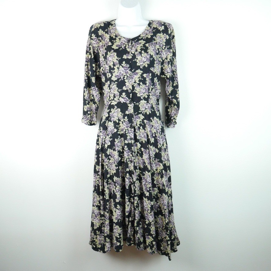 Vintage 90s Floral Midi Dress XS S Button Front Moody Floral Grunge Cottagecore