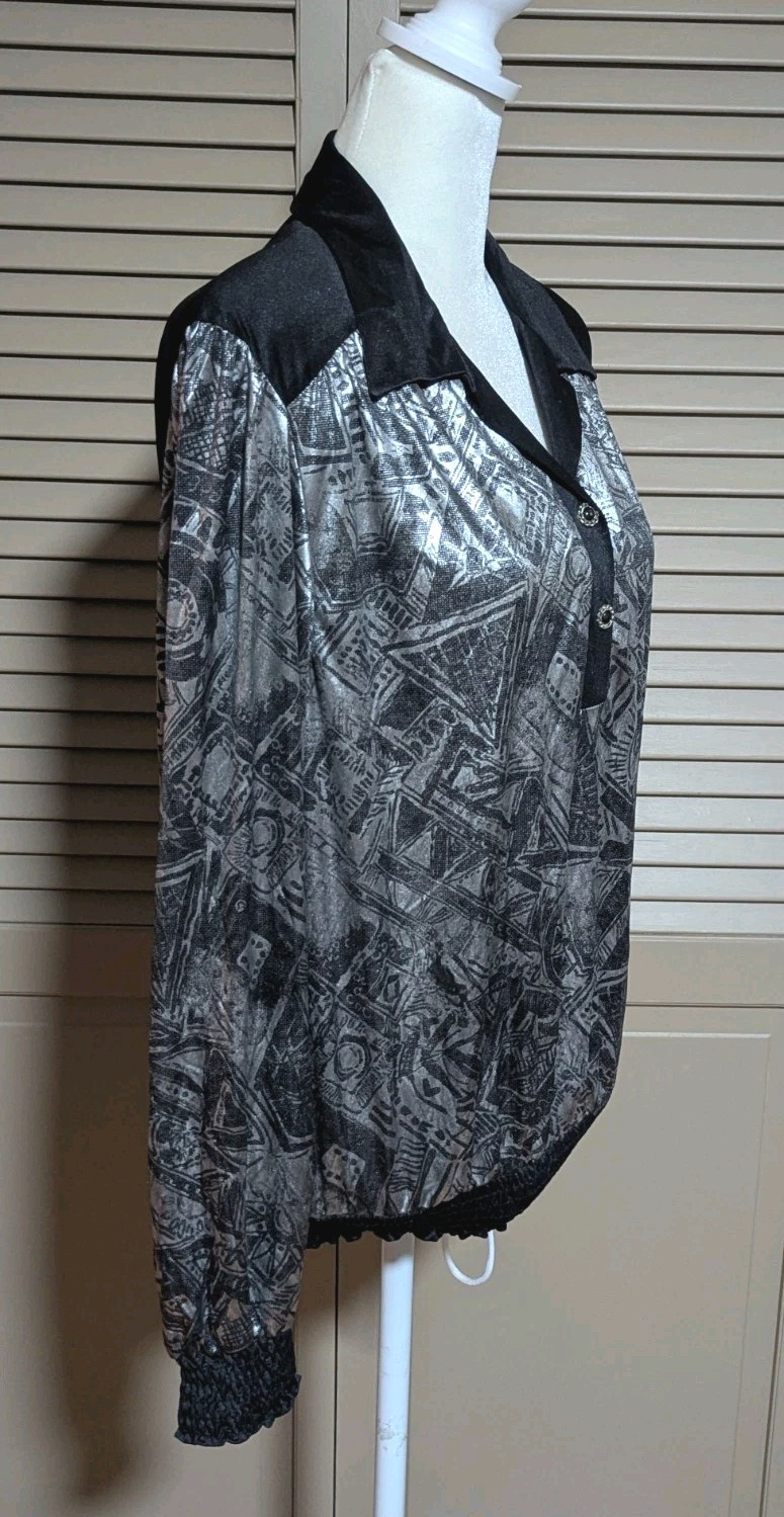 Vtg 80s Lori of CA Casuals Blouse Top Shirt Black And Silver Metallic Disco 12