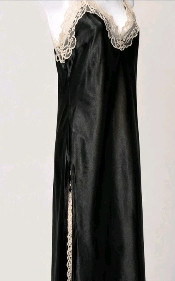 Vintage Black Satin Lace Trim Maxi Slip Dress