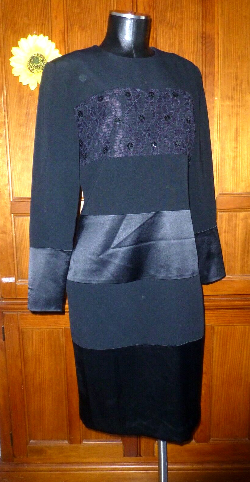 VTG BILL BLASS Black Sequin Lace Crepe Satin Evening Party Sheath DRESS sz 8 M
