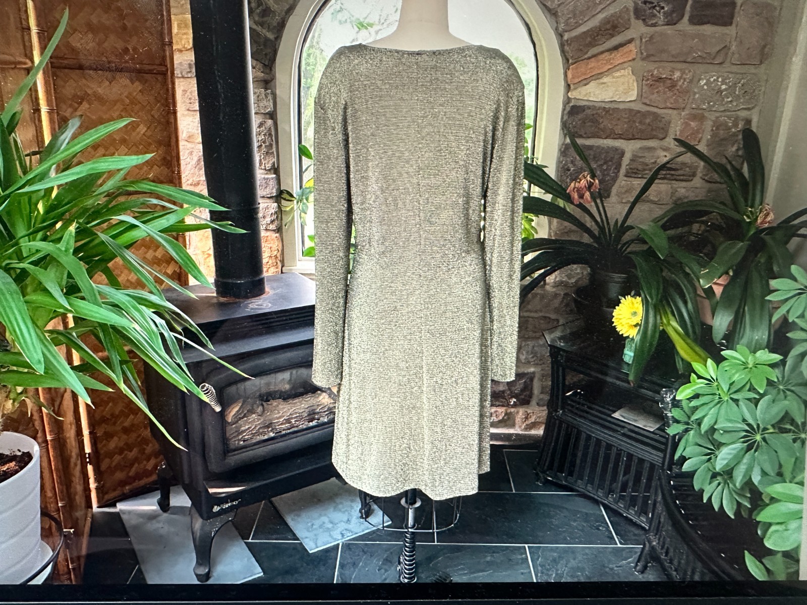 Vintage 1980s Black Metallic Gold and Silver Knit Dress Expo Made in USA