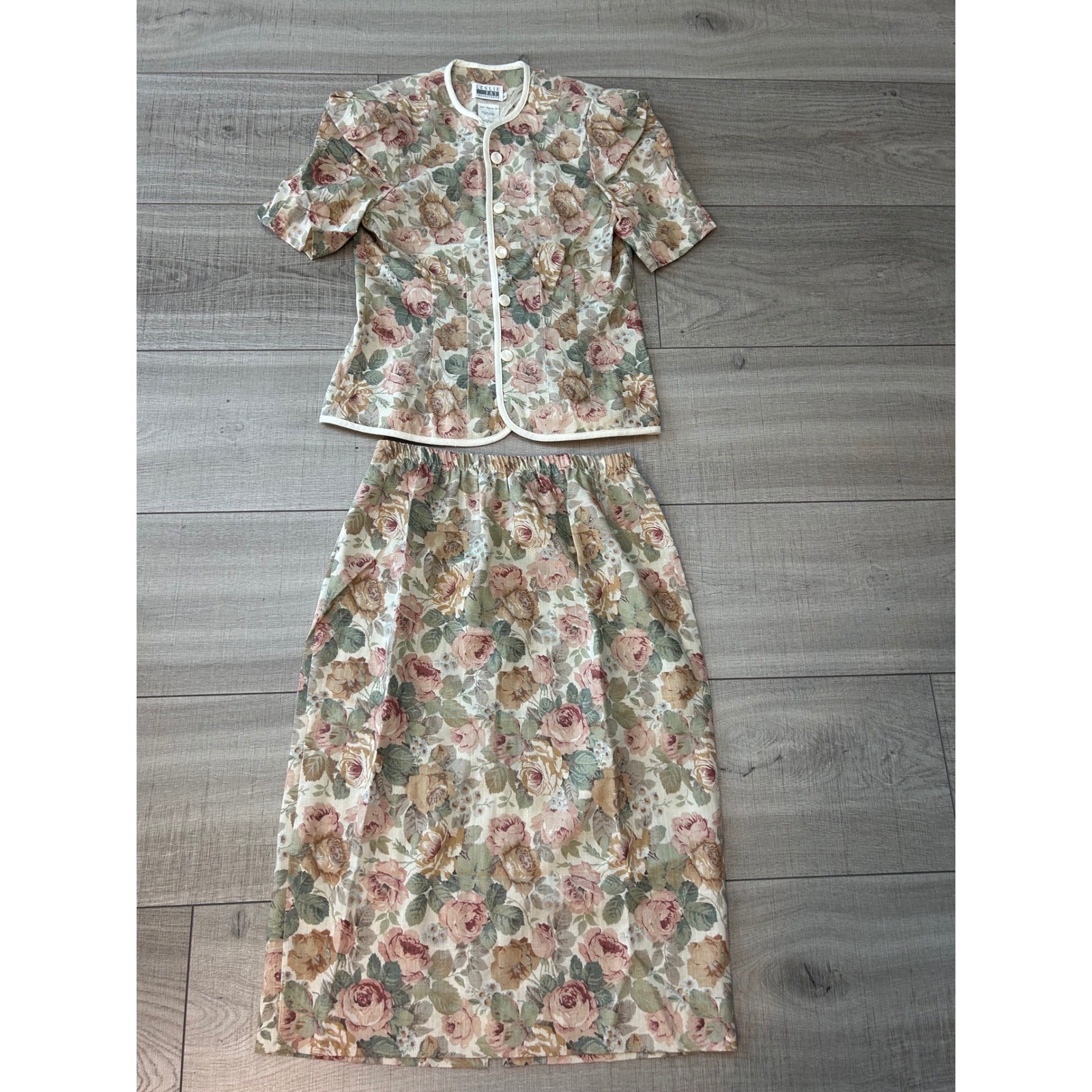 Vintage 90s Floral Skirt Set Cottagecore Rose Print Matching Two Piece Size 12