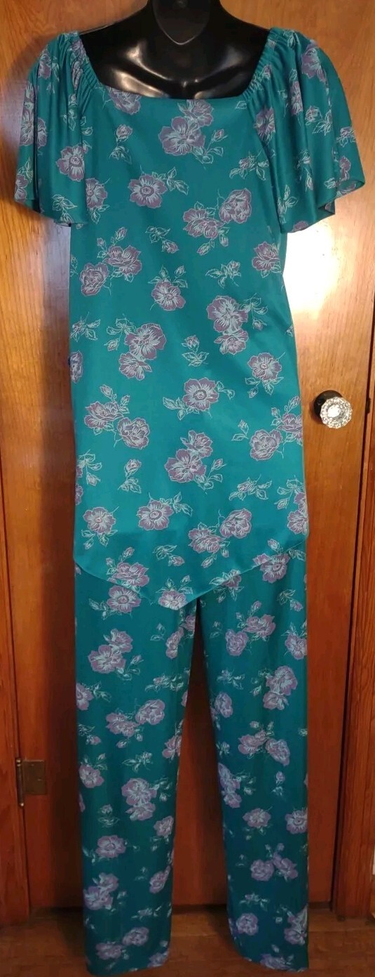 Vintage 70’S Ms. Sugar Teal & Purple Floral Two Piece Outfit Mrs. Roper Look