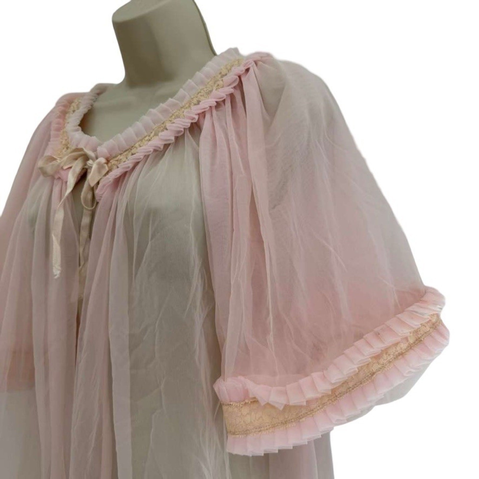 Vintage Unbranded Sheer Pink Lingerie Pleated Ruffle 60s Robe Long Length sz L