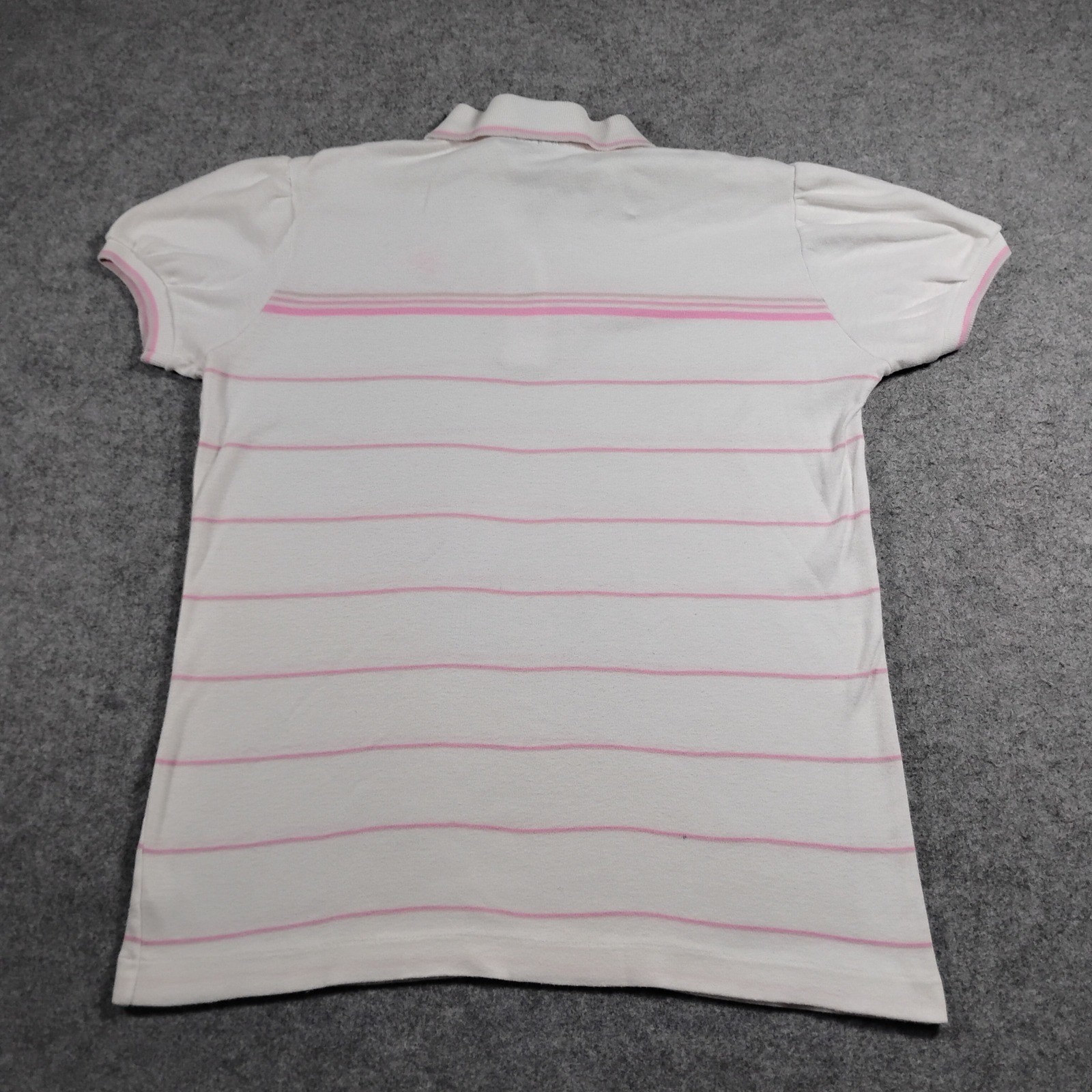 Vintage Nike Polo Shirt Women Large White Pink Striped Short Puff Sleeve 80s USA