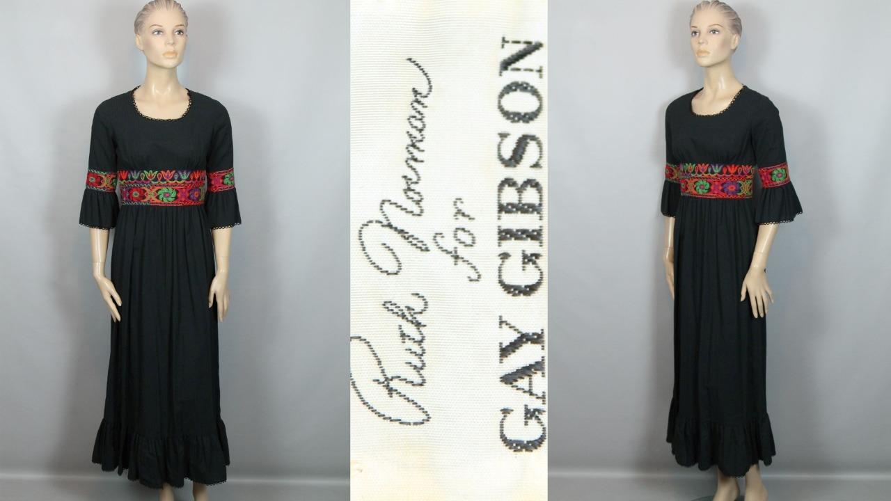 Vtg 70s RUTH NORMAN for GAY GIBSON Ethnic Embroidered Black Fit Flare Dress 9