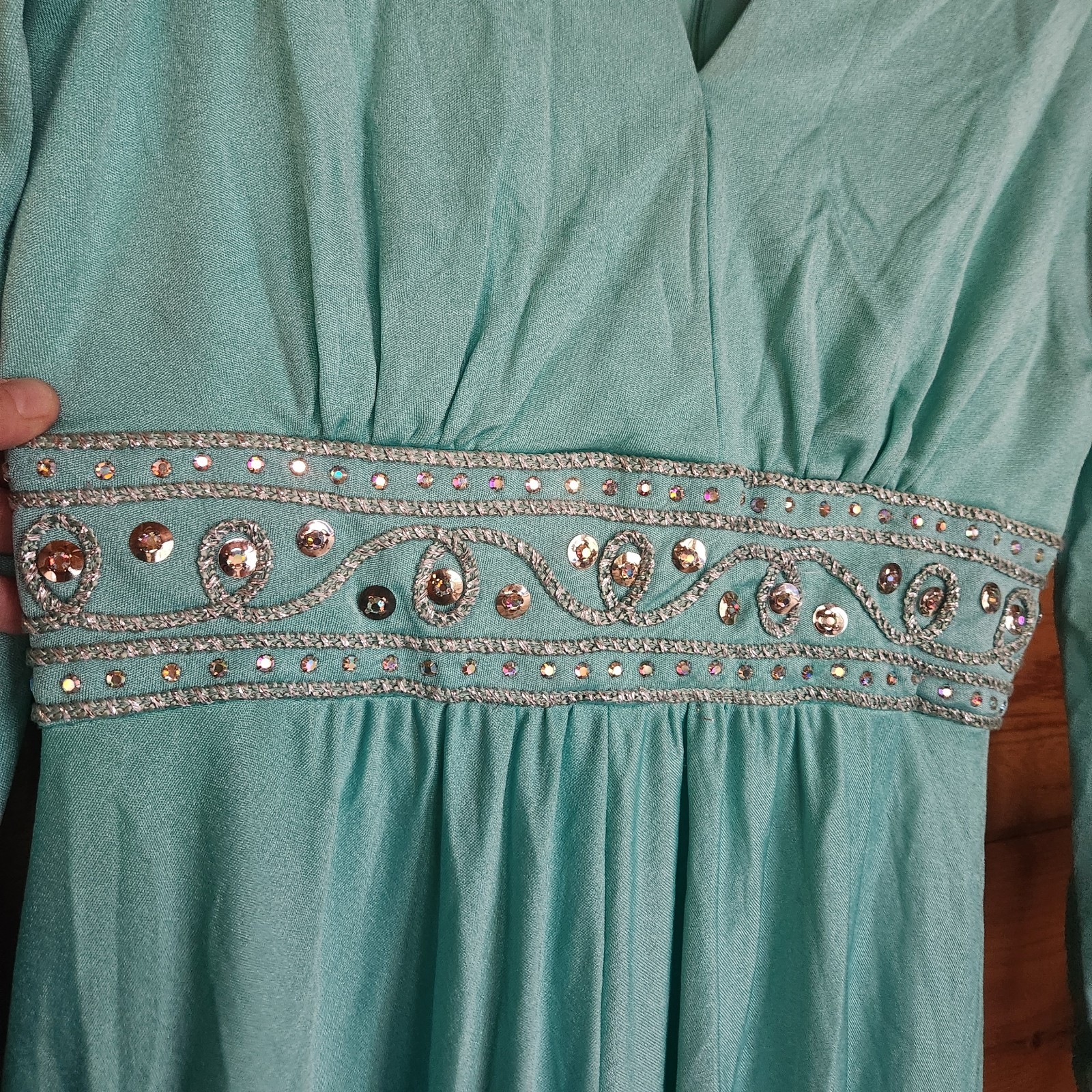 ILGWU Vintage 70s Maxi Dress Empire Waist Praire Retro Sequin Embellish Sz 26/2