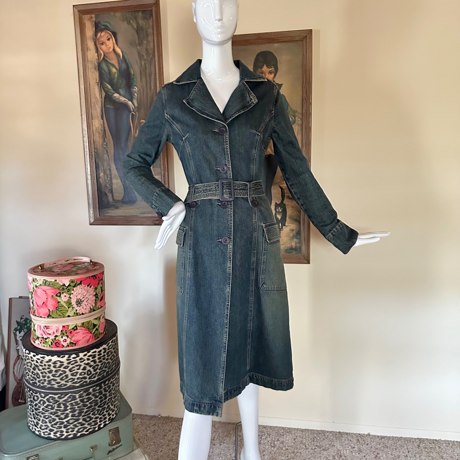 Vintage 90s Denim Trench Coat Grunge Spy Girl S