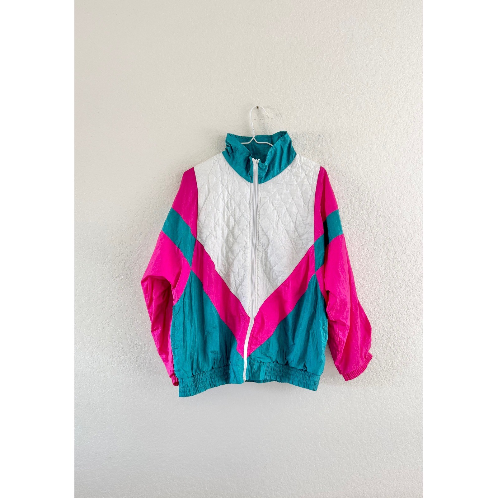 Sunterra Windbreaker Jacket Womens Medium Pink Teal Vintage 90s Colorblock