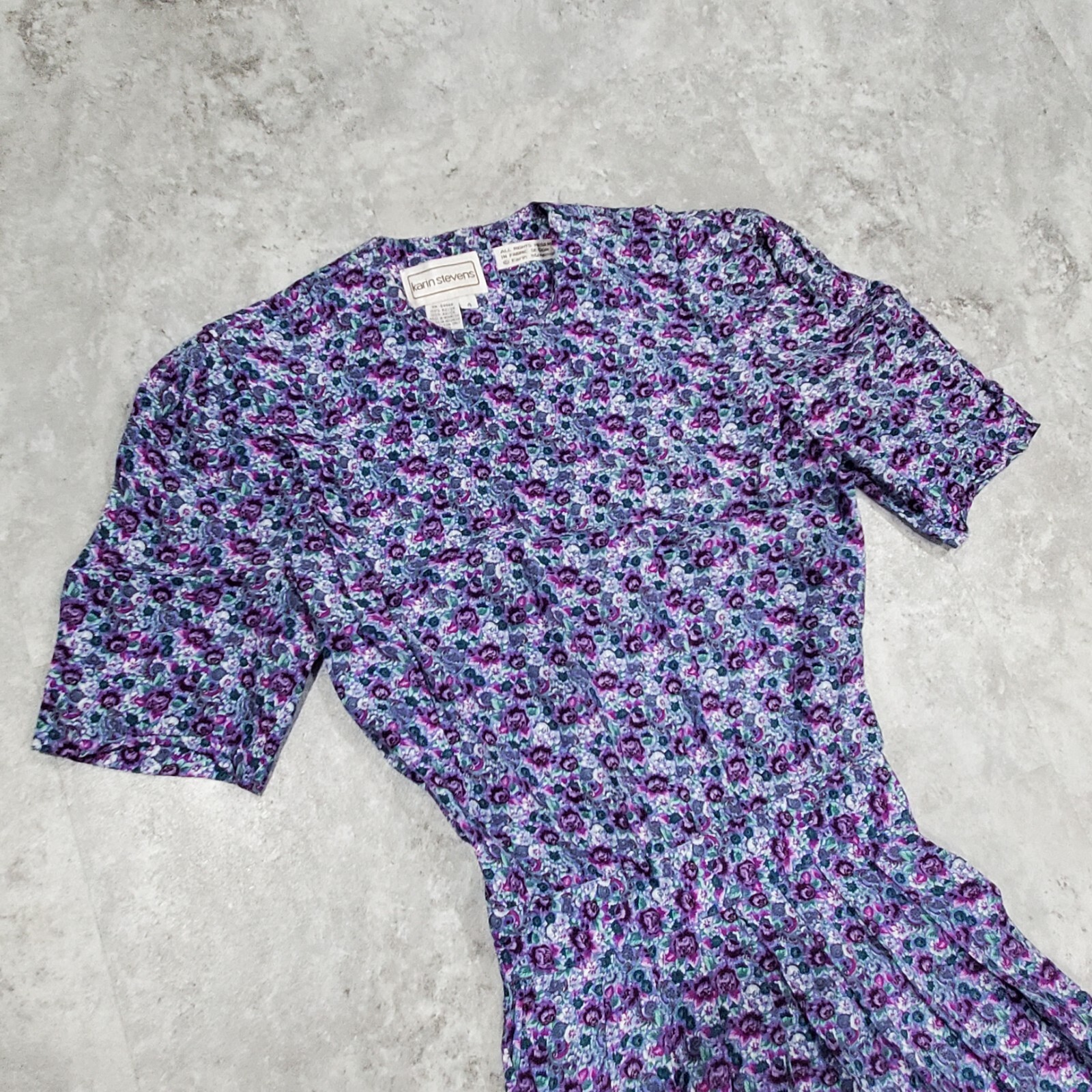 Vintage Karin Stevens Dress Size 4 Midi Floral Smocked Waist Pleated Tea Party