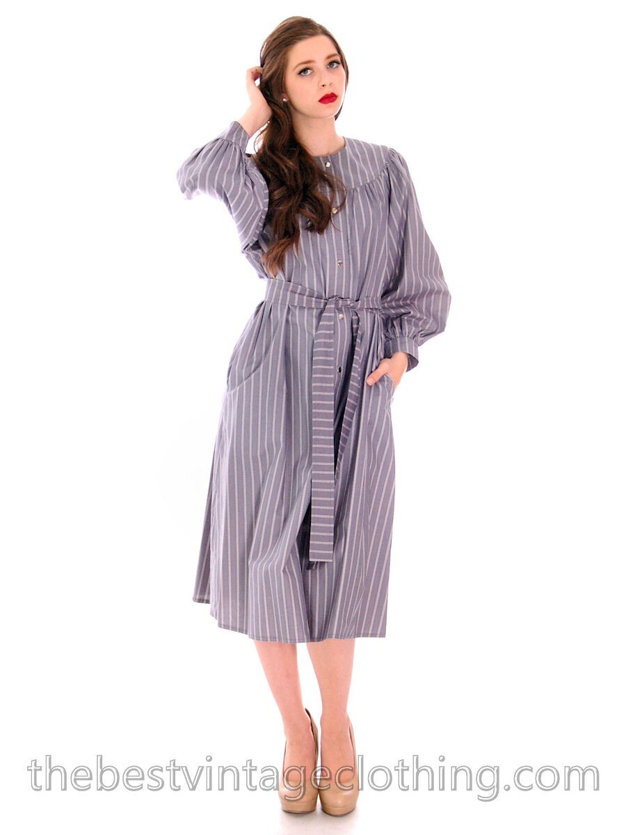 Vtg Vuokko Suomi Tent Shirt Dress XXS Gray Piccolo Stripe Cotton Snap Front