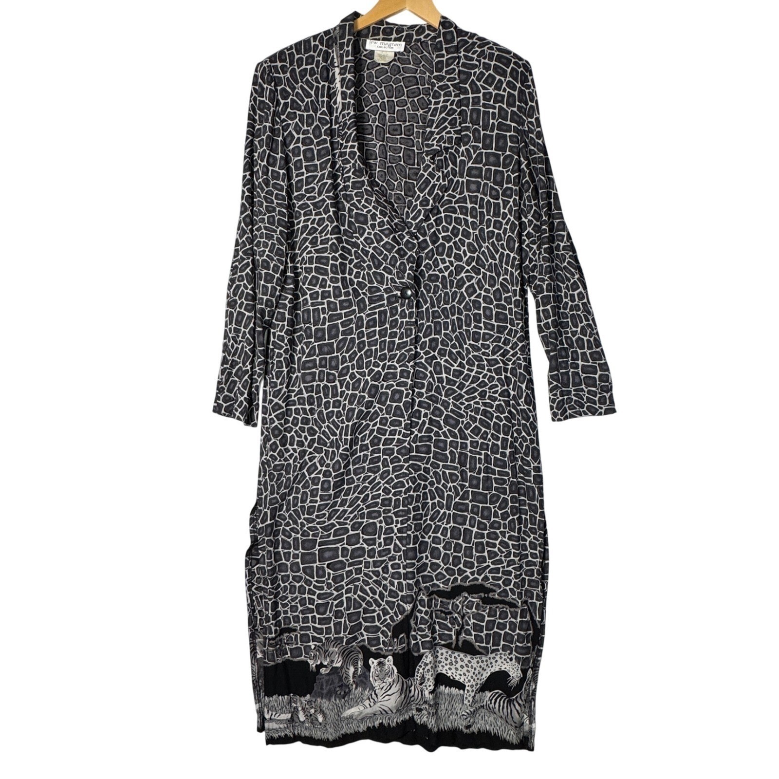 Vtg Lew Magram Womens Size 10 Gray Animal Print Maxi Duster Lagenlook Jacket