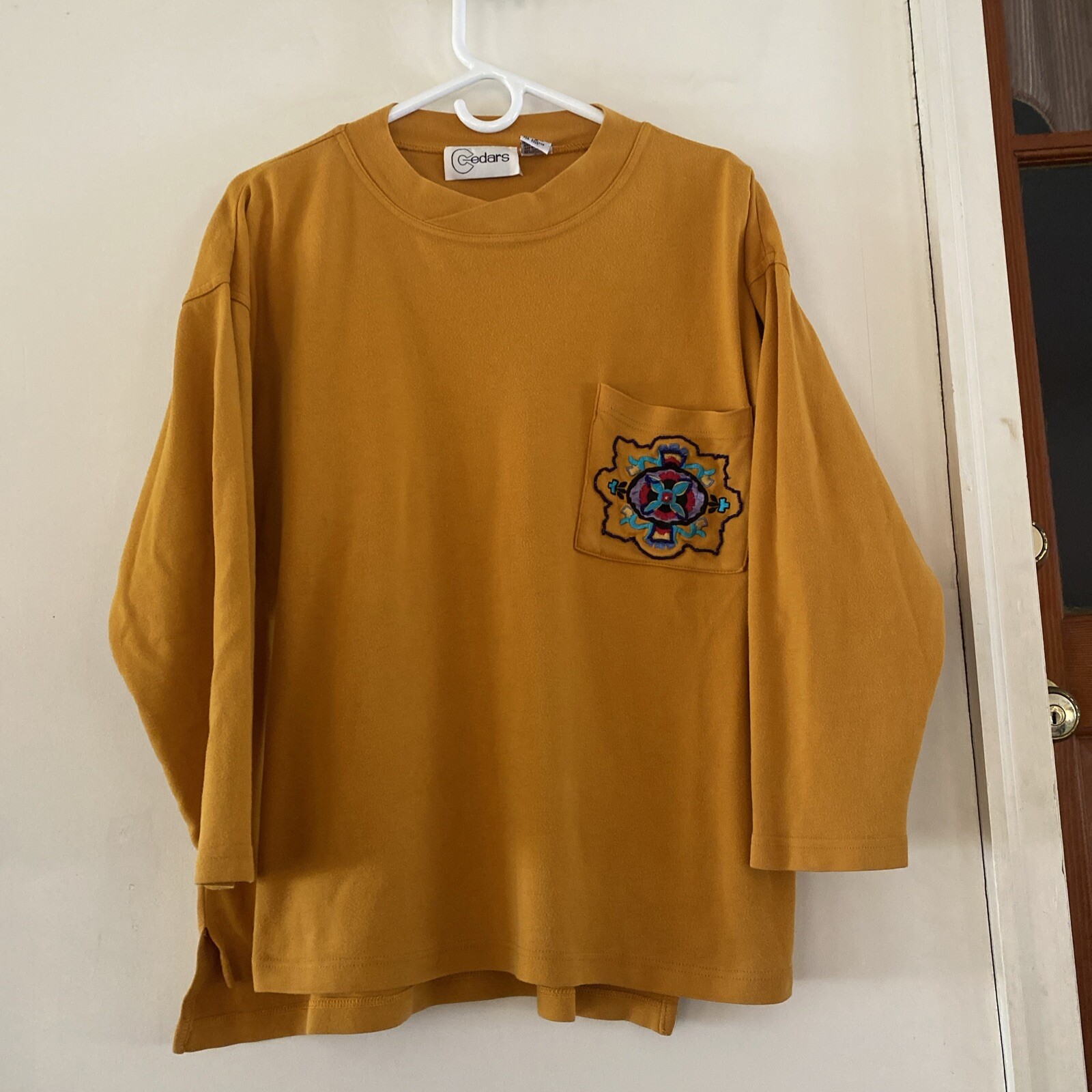 80’s Cedars Sunflower Cotton Mock Neck Ladies Top Blouse, Southwest Beading EUC