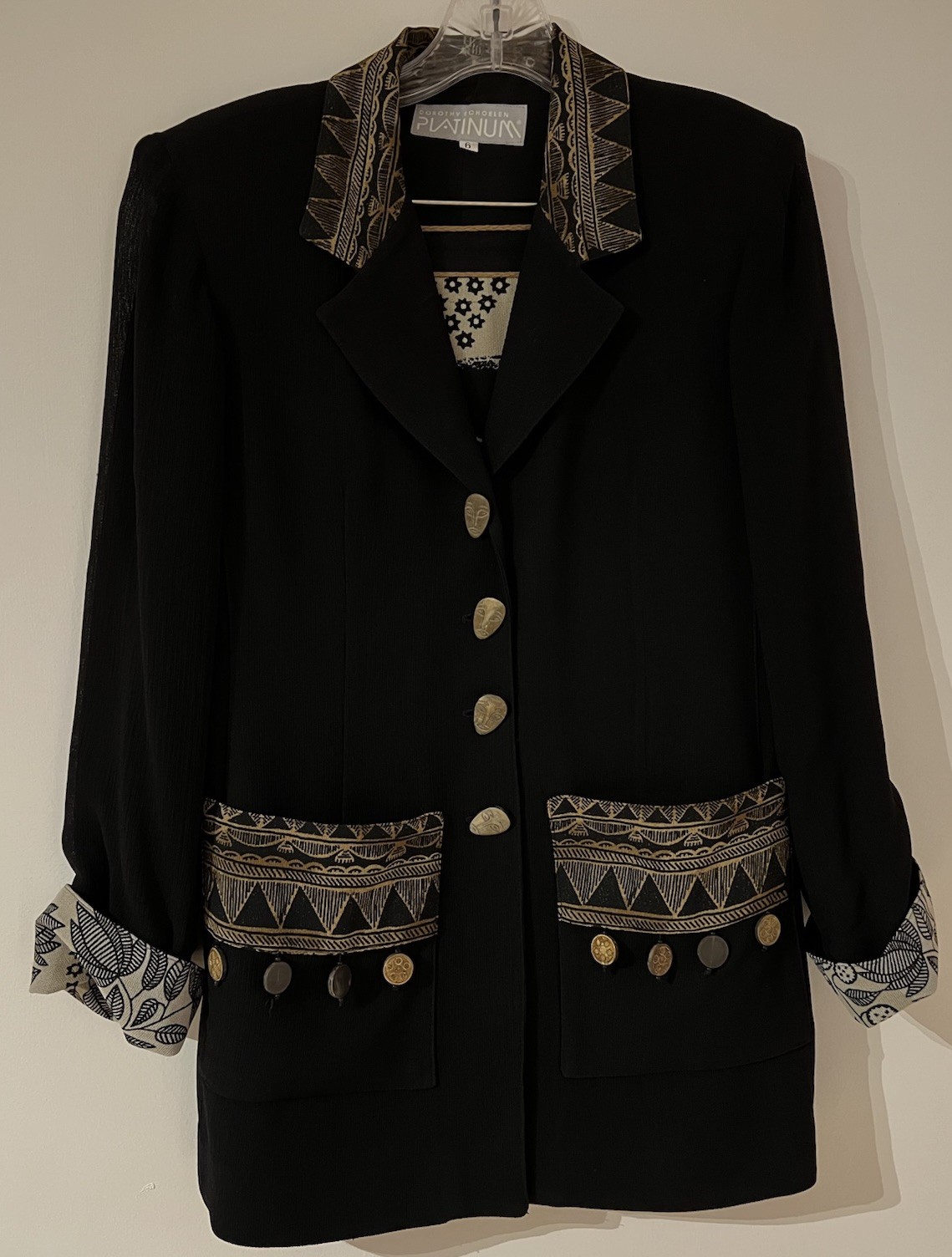Unique Vtg Dorothy Schoelen Platinum Black/Multicolor Ethnic Jacket & Skirt Sz 6