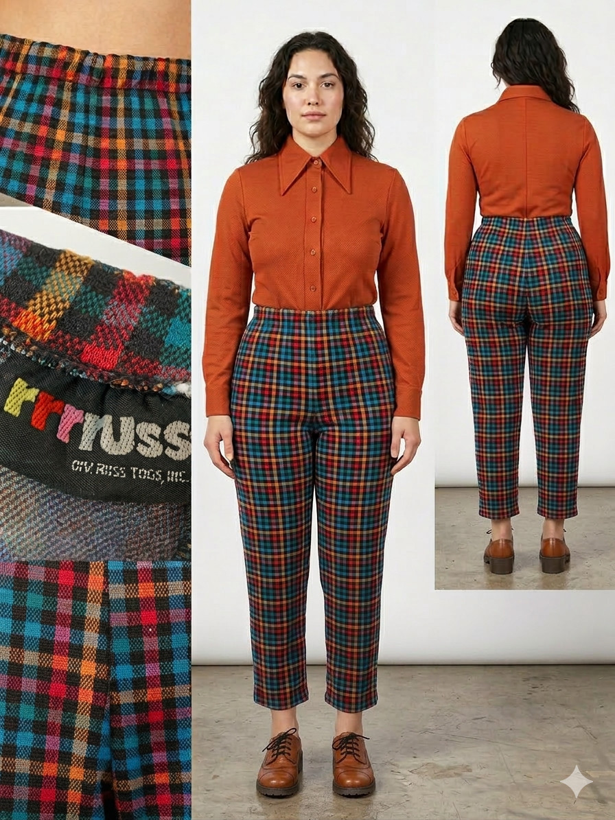 Vintage 1970s Gingham Print Polyester Knit Elastic Waist Pants Size 28-32 Waist