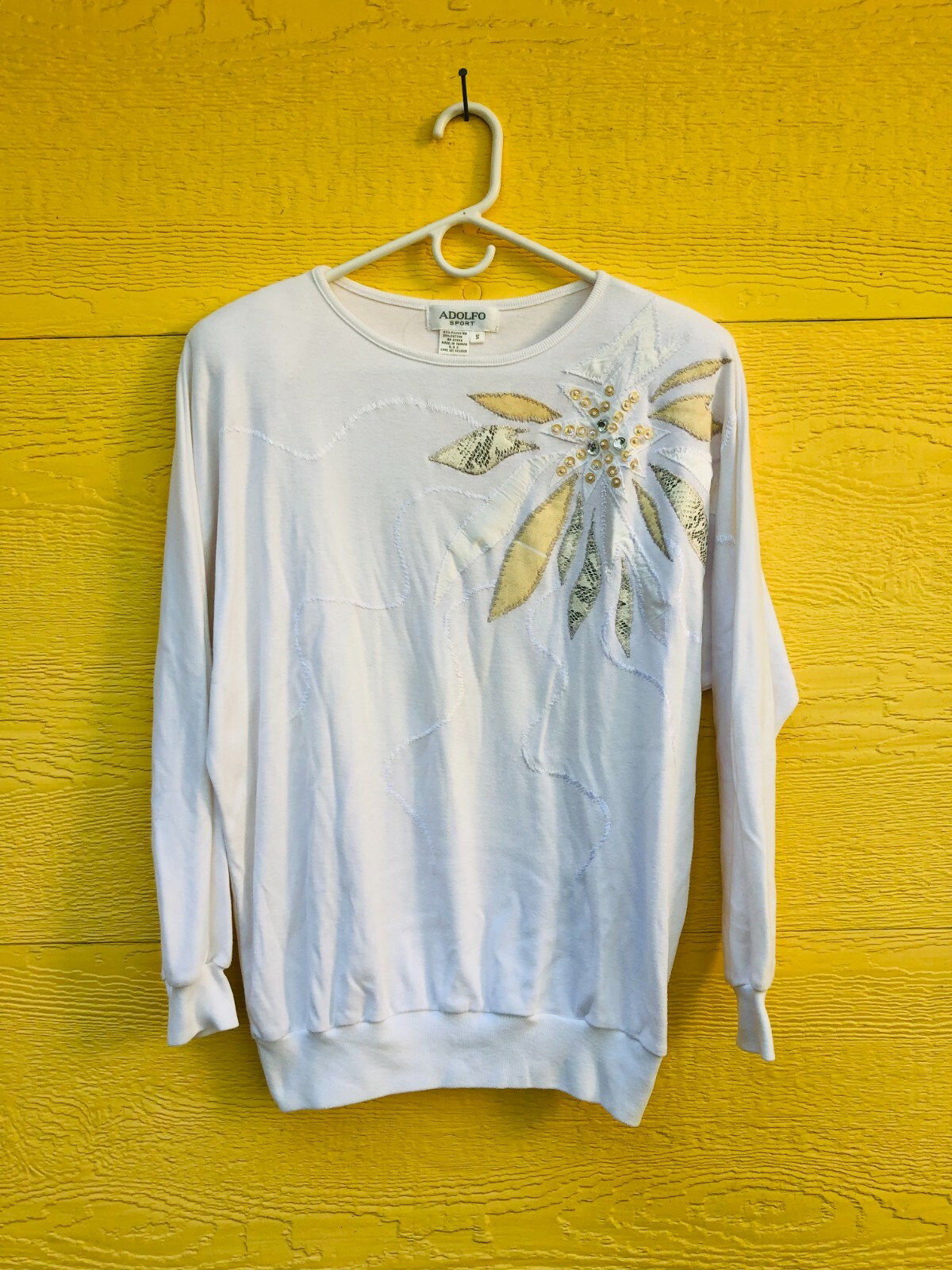 Adolfo Sport vintage poly/cotton white beaded top w/shoulder pads, small
